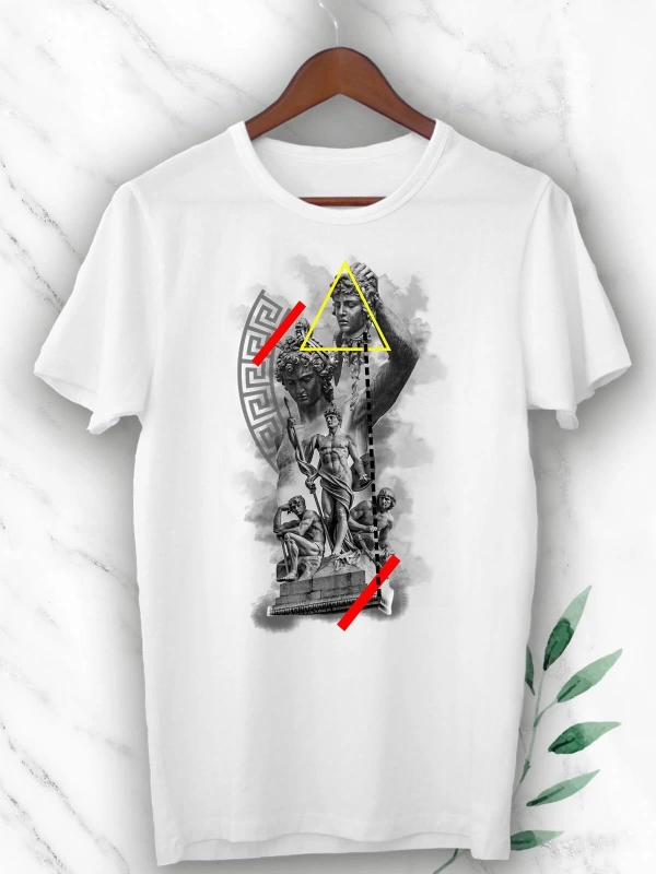 Unısex Beyaz Mitoloji Perseus ve Medusa Heykel Baskılı Tişört