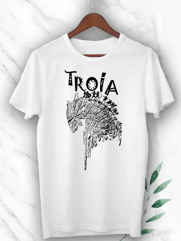 Unısex Beyaz Mitoloji Truva Atı Baskılı T-Shirt
