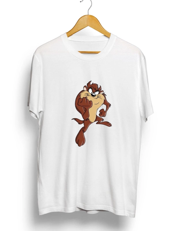 Unisex Beyaz Oversize Tazmanya Canavarı Baskılı T-shirt