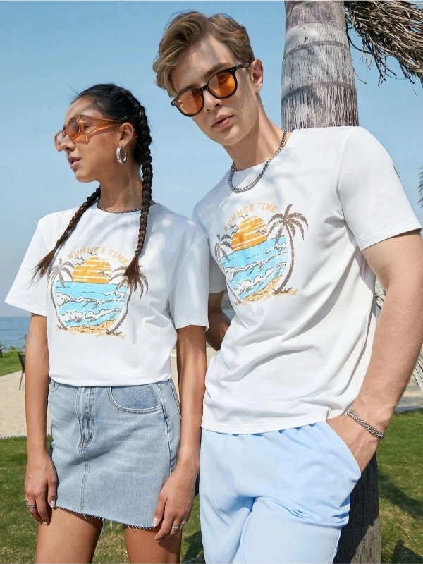 Unisex Beyaz Palmiye Baskılı 2li Set Sevgili Çift Kombini