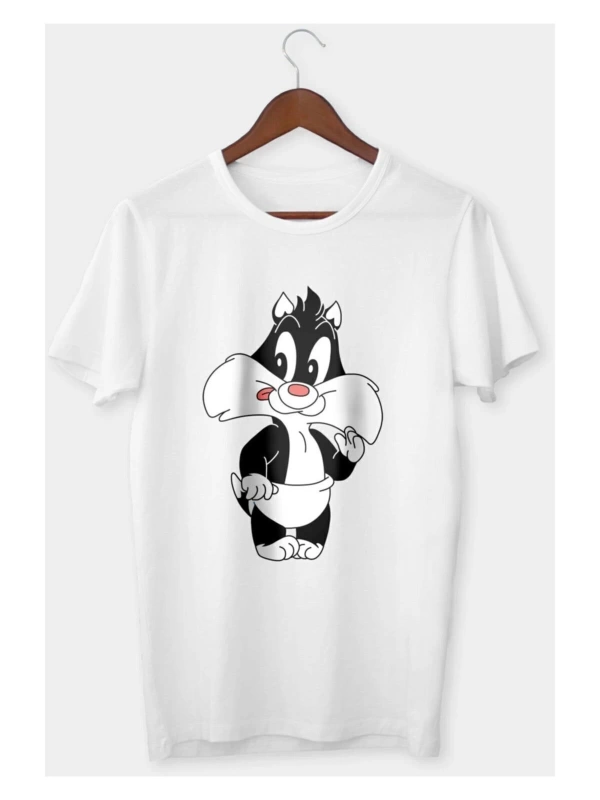 Unisex Beyaz Sylvester Baskılı T-shirt