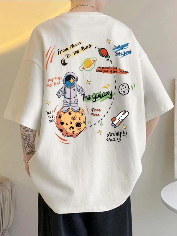 Unisex Beyaz The Galaxy Gezegen Baskılı Oversize Bisiklet Yaka Tshirt