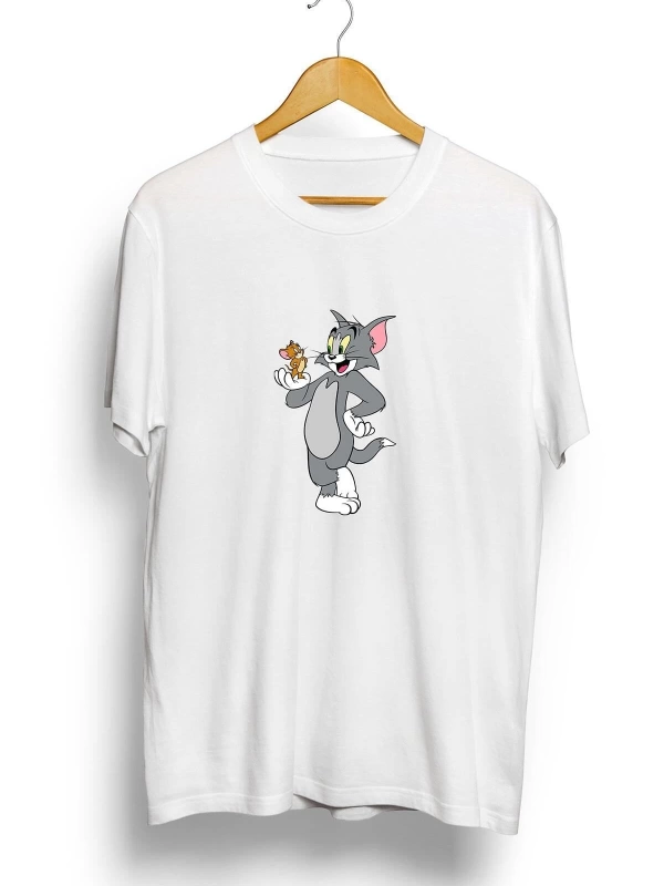 Unisex Beyaz Tom& Jerry Baskılı Oversize T-shirt