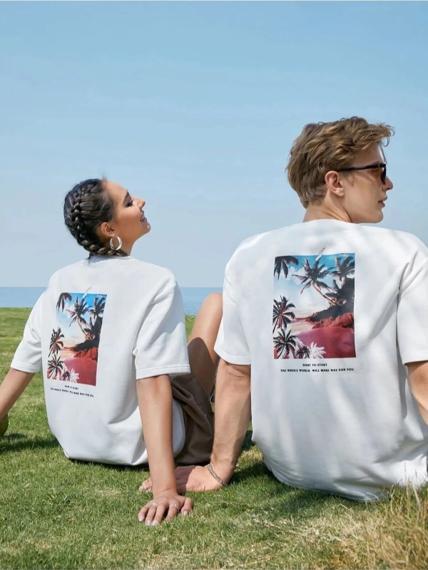 Unisex Beyaz Tropıcal Baskılı 2li Set Sevgili Çift Kombini