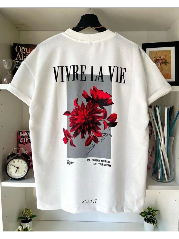 Unisex Beyaz Vivre La Vie Baskılı Oversize Bisiklet Yaka Penye Tişört