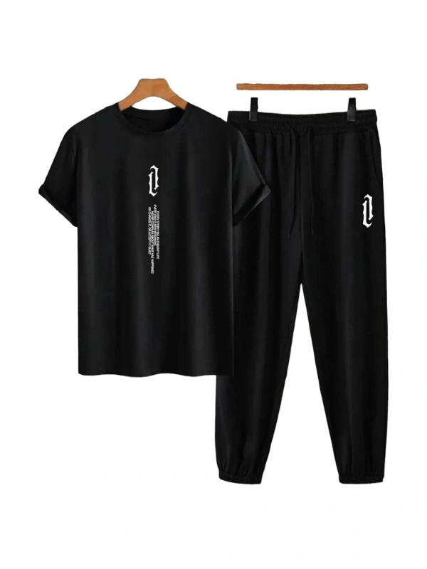 Unisex Bisiklet Yaka Slogan Baskılı Siyah Tişört Ve Siyah Eşofman Altı 2li Set A