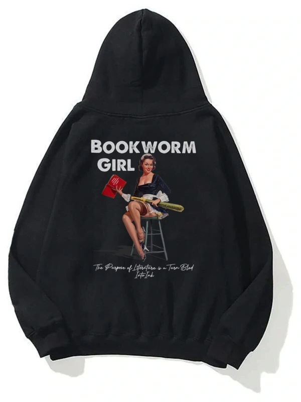 Unisex Bookworm Girl Sweatshirt Hoodie Siyah