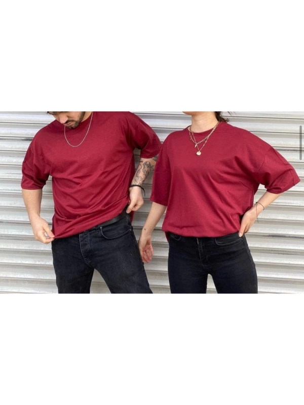 Unisex Bordo Bisiklet Yaka Sevgili Kombin 2 Li Paket Tshirt