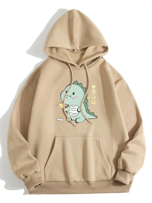 Unisex Dino Baskılı Oversize Kapüşonlu Pamuklu Sweatshirt Bej