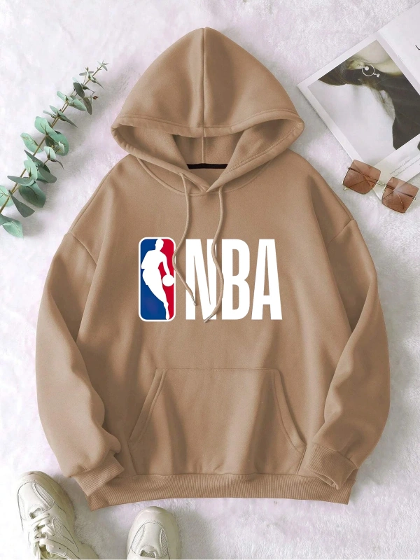 Unisex Erkek/Kadın BASKET Renkli Özel Baskılı Oversize Kapüşonlu Sweatshirt Bej