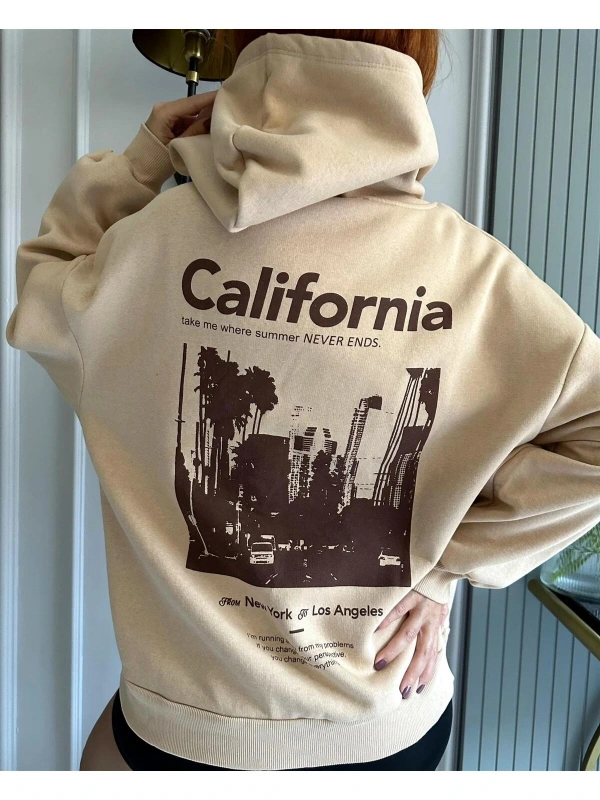 Unisex Erkek/Kadın Calıfornia Renkli Özel Baskılı Oversize Kapüşonlu Sweatshirt Bej