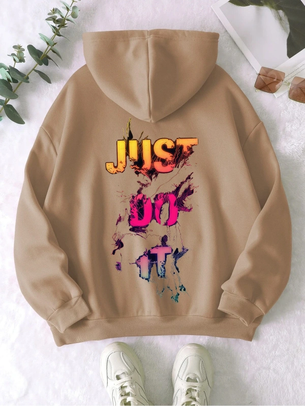 Unisex Erkek/Kadın JUSTDOIT Renkli Özel Baskılı Oversize Kapüşonlu Sweatshirt Bej
