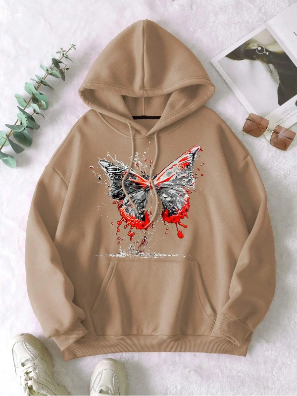 Unisex Erkek/Kadın Kelebek Renkli Özel Baskılı Oversize Kapüşonlu Sweatshirt Bej