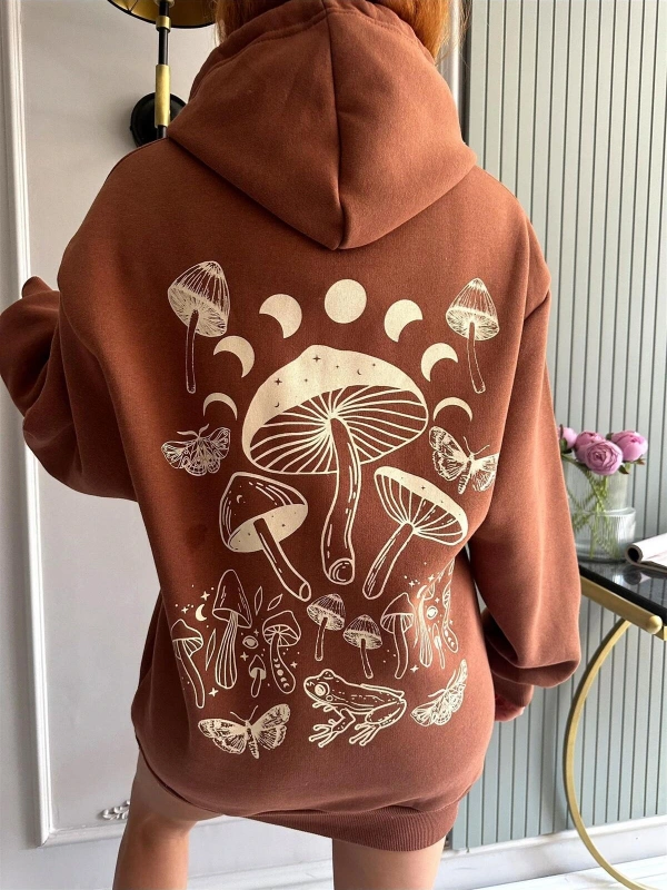 Unisex Erkek/Kadın MANTAR Renkli Özel Baskılı Oversize Kapüşonlu Sweatshirt Kahverengi