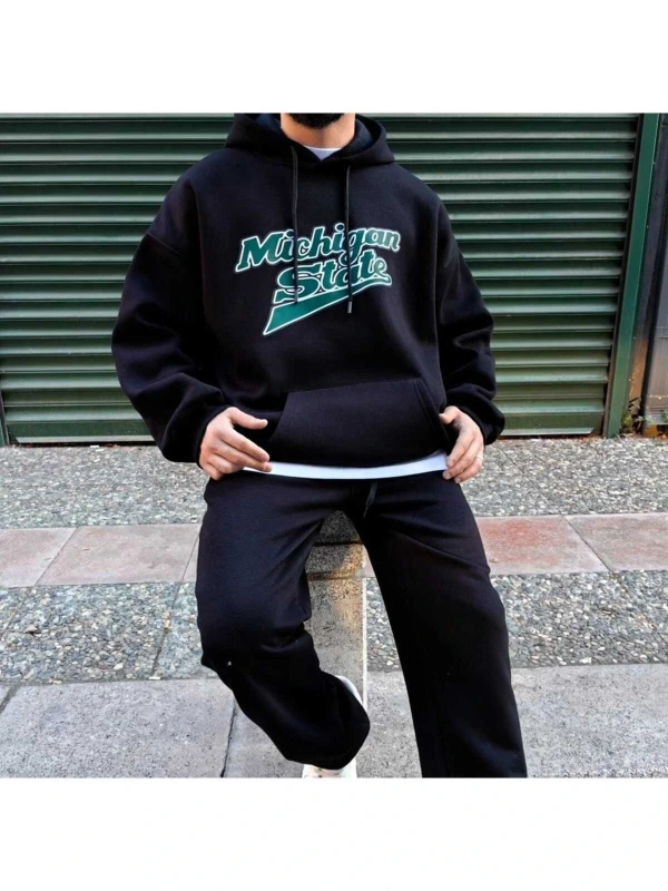 Unisex Erkek/Kadın MİCHİGAN Renkli Özel Baskılı Oversize Kapüşonlu Sweatshirt Siyah