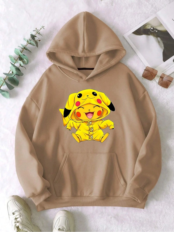 Unisex Erkek/Kadın Pikachu Renkli Özel Baskılı Oversize Kapüşonlu Sweatshirt Bej