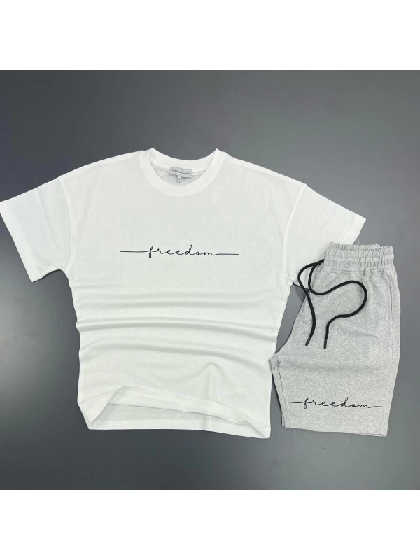 Unisex Freedom Baskılı Spor Eşofman Takımı Beyaz T-shirt / Gri Şort mdl-sportkm-
