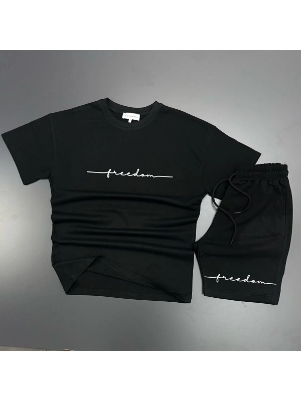Unisex Freedom Baskılı Spor Eşofman Takımı Siyah T-shirt / Siyah Şort mdl-sportk