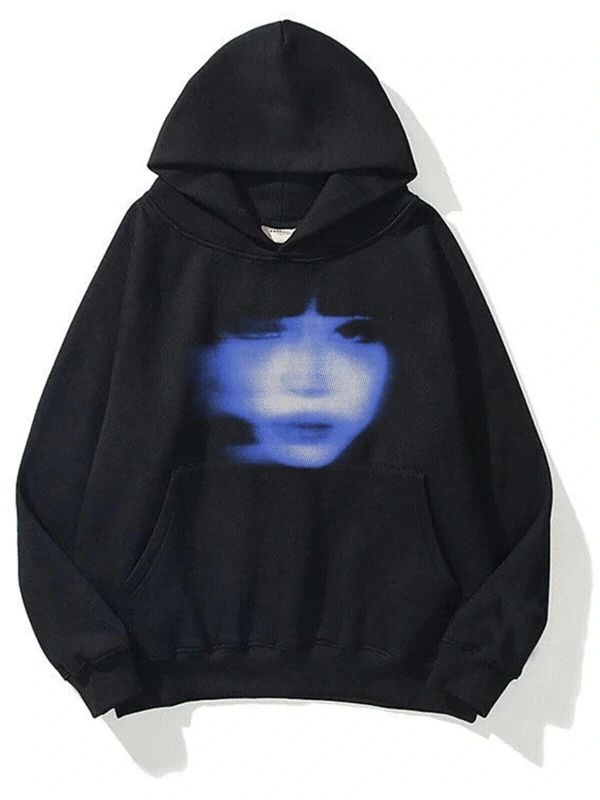 Unisex Girl Face Sweatshirt Hoodie Siyah