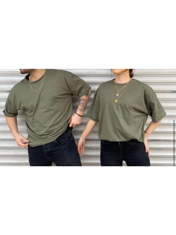 Unisex Haki Bisiklet Yaka Sevgili Kombin 2 Li Paket Tshirt