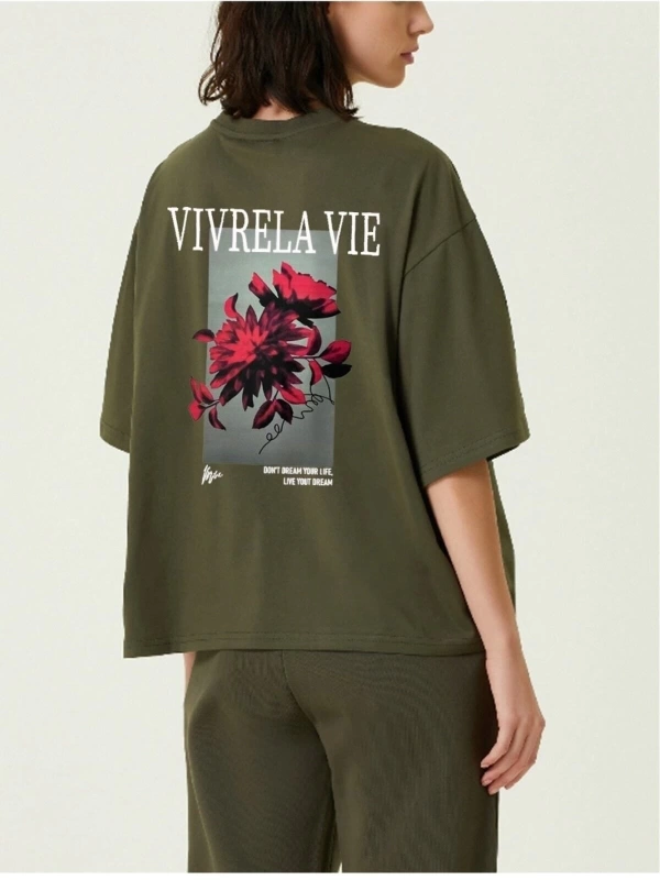 Unisex Haki Vivre La Vie Baskılı Oversize Bisiklet Yaka Penye Tişört