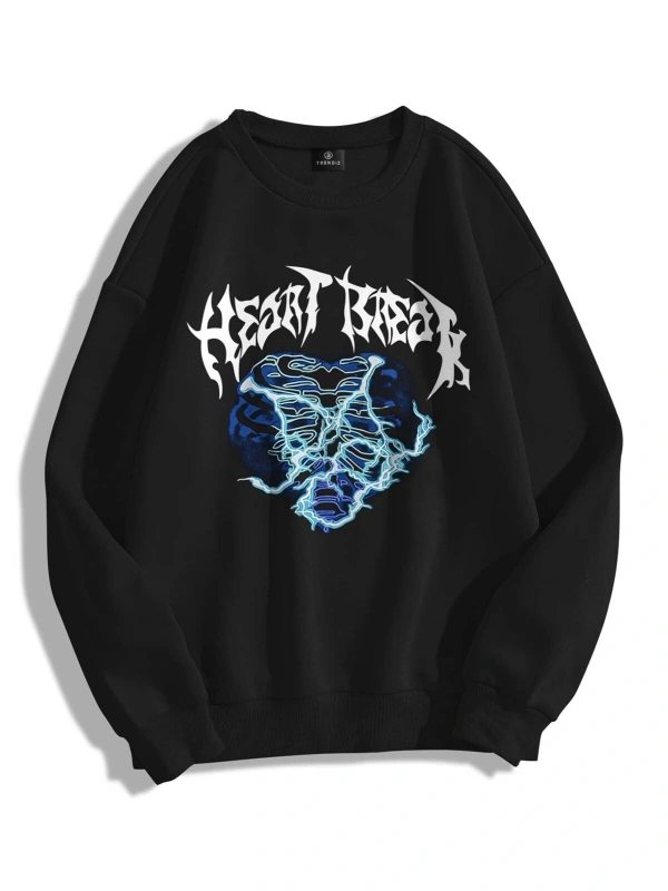 Unisex Heart Break Bisiklet Yaka Sweatshirt Hoodie Siyah