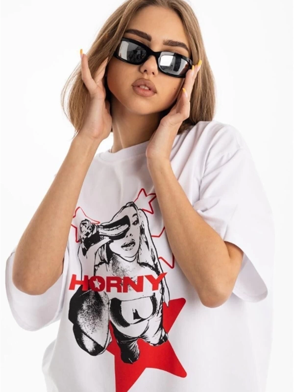 Unisex Horny Star Tshirt Beyaz