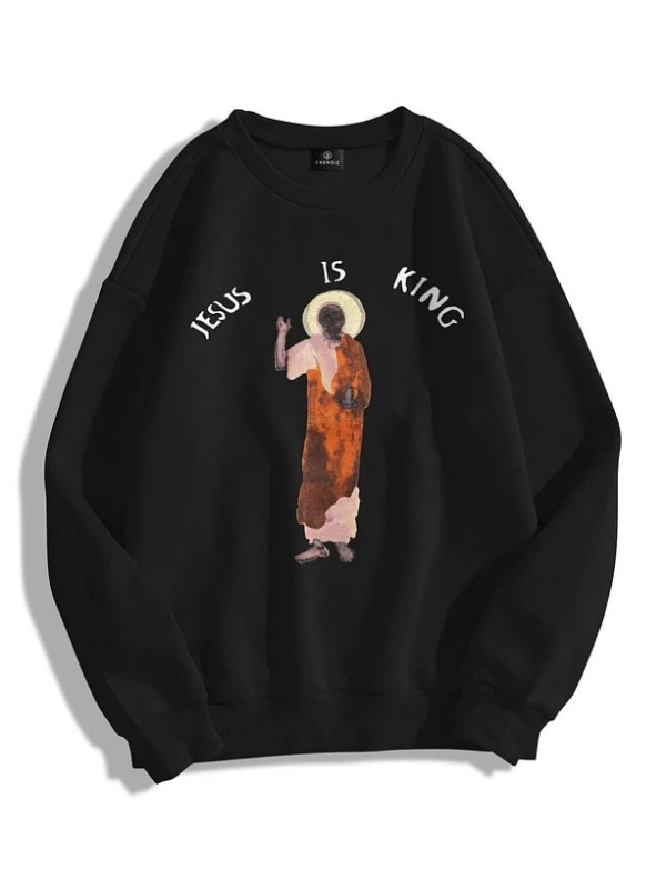 Unisex Jesus Is King Bisiklet Yaka Sweatshirt Siyah