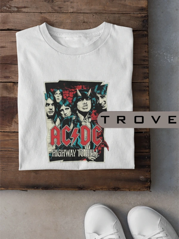 Unısex Kadın Erkek Acdc - Ac/dc Rockn Roll Metal %100 Pamuk Baskılı Siyah Beyaz T-shirt