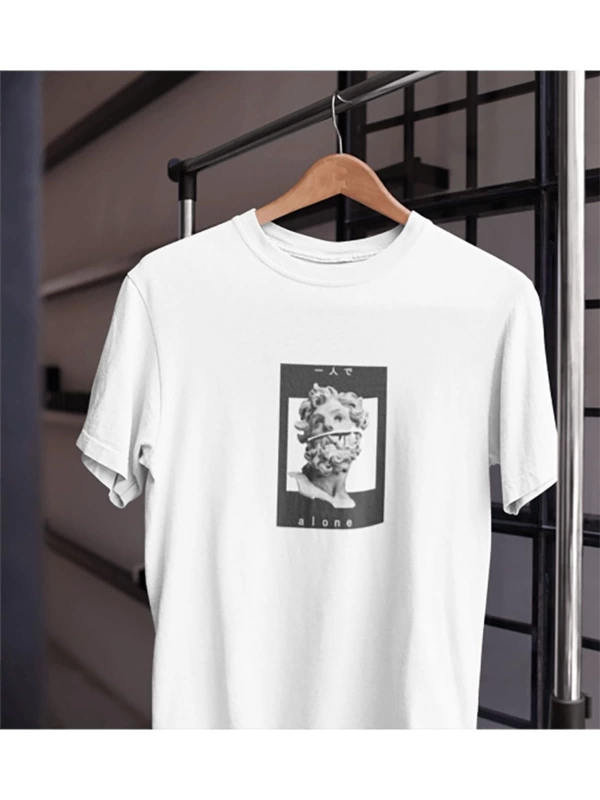 Unısex Kadın Erkek Alone Yalnız Heykel Mitoloji Dönem Eski Nesne%100 Pamuk Siyah Beyaz T-shirt