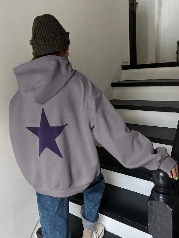 Unisex Kadın/Erkek DAZY Yıldız Desenli Düşük Omuzlu Kapüşonlu Üst