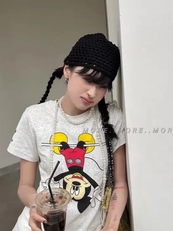 Unisex Kadın Erkek Mickey Mous Özel Baskılı Oversize Pamuk Penye T-shirt Açık gri