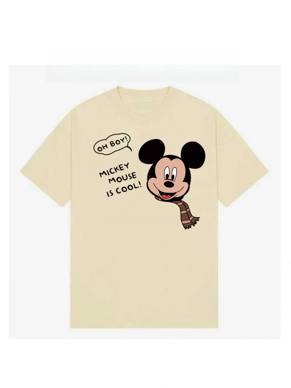 Unisex Kadın Erkek Mickey Mous Özel Baskılı Oversize Pamuk Penye T-shirt Bej