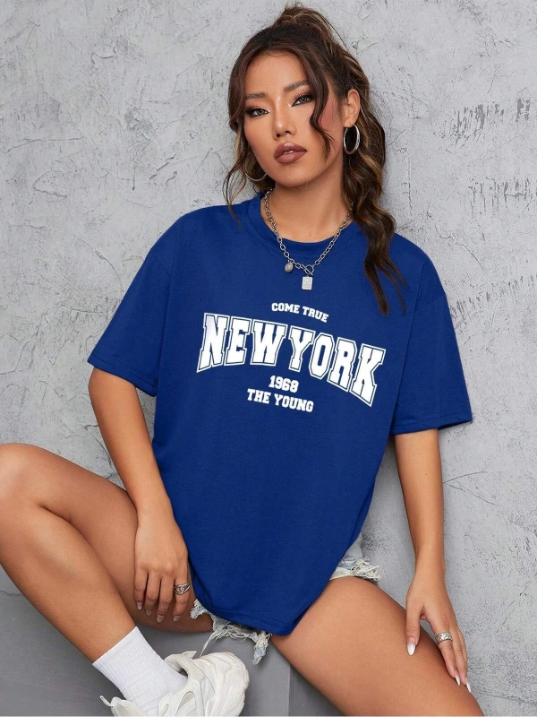 Unisex Kadın/Erkek NEW YORK Özel Baskılı Renkli Oversize Penye T-Shirt
