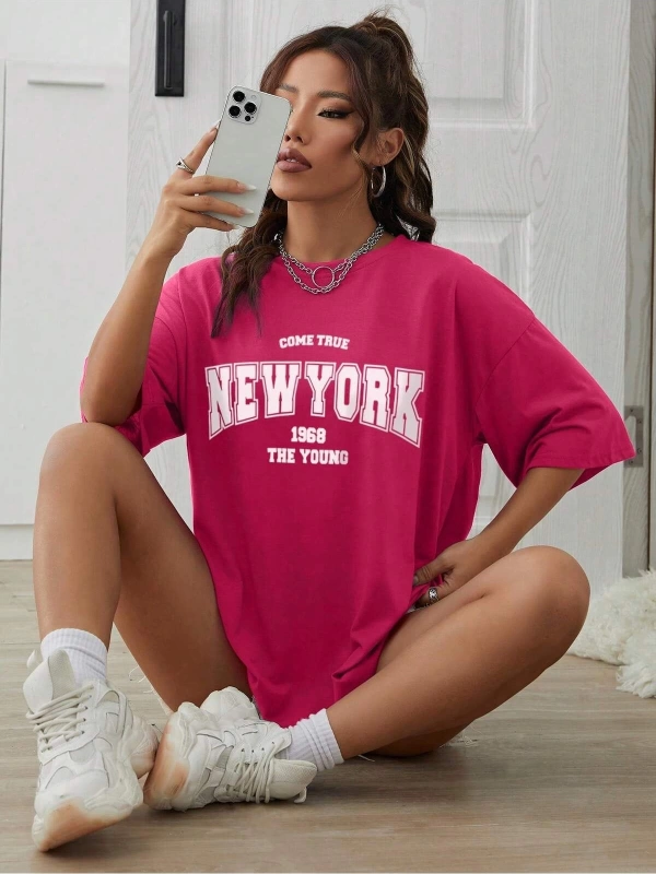 Unisex Kadın/Erkek NEW YORK Özel Baskılı Renkli Oversize Penye T-Shirt