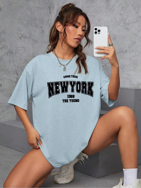 Unisex Kadın/Erkek NEW YORK Özel Baskılı Renkli Oversize Penye T-Shirt