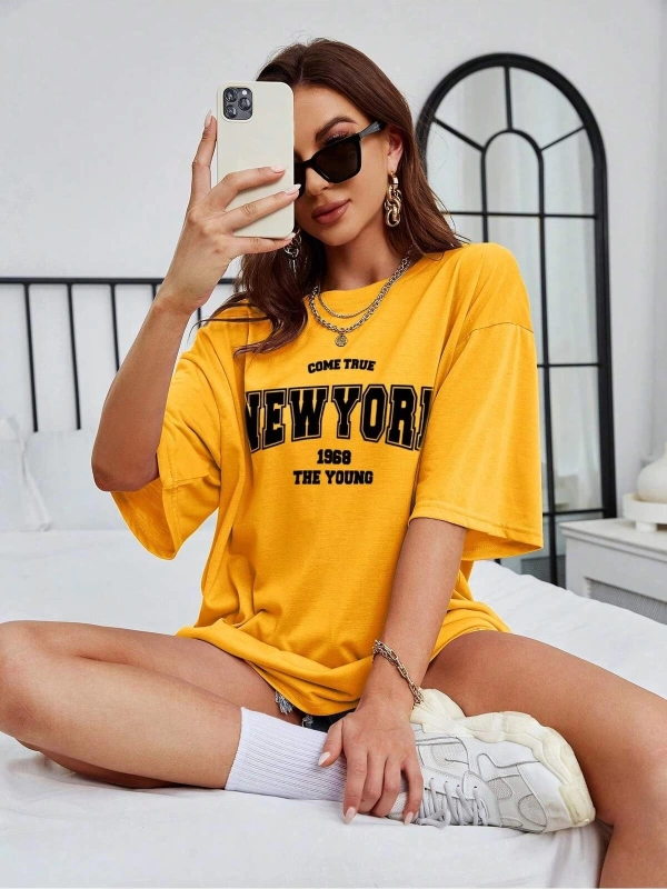 Unisex Kadın/Erkek NEW YORK Özel Baskılı Renkli Oversize Penye T-Shirt