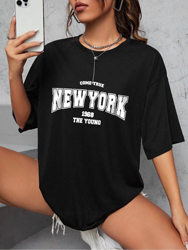 Unisex Kadın/Erkek NEW YORK Özel Baskılı Renkli Oversize Penye T-Shirt