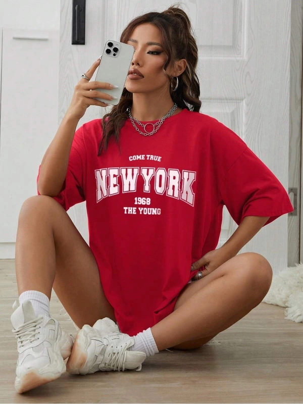 Unisex Kadın/Erkek NEW YORK Özel Baskılı Renkli Oversize Penye T-Shirt