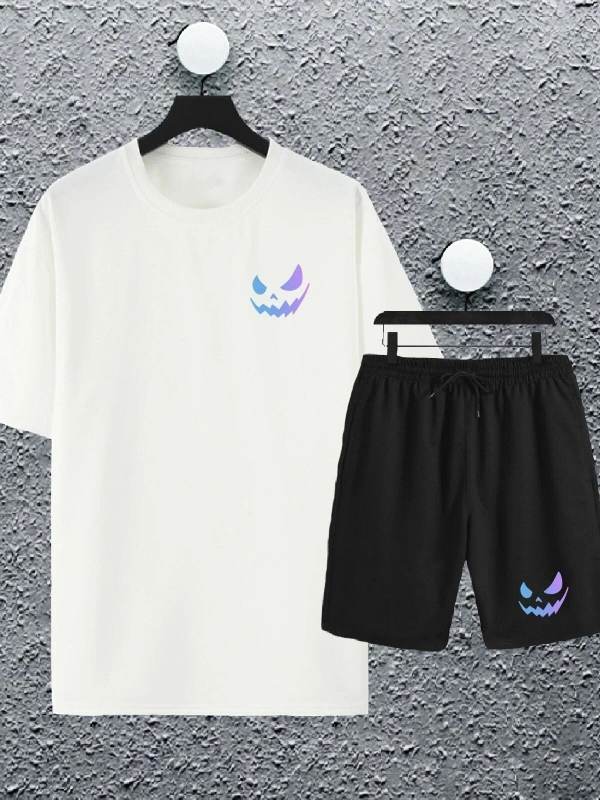 Unisex Kadın Erkek Renkli Gülen Yüz Baskılı Oversize Tshirt ve Şort Eşofman Takımı