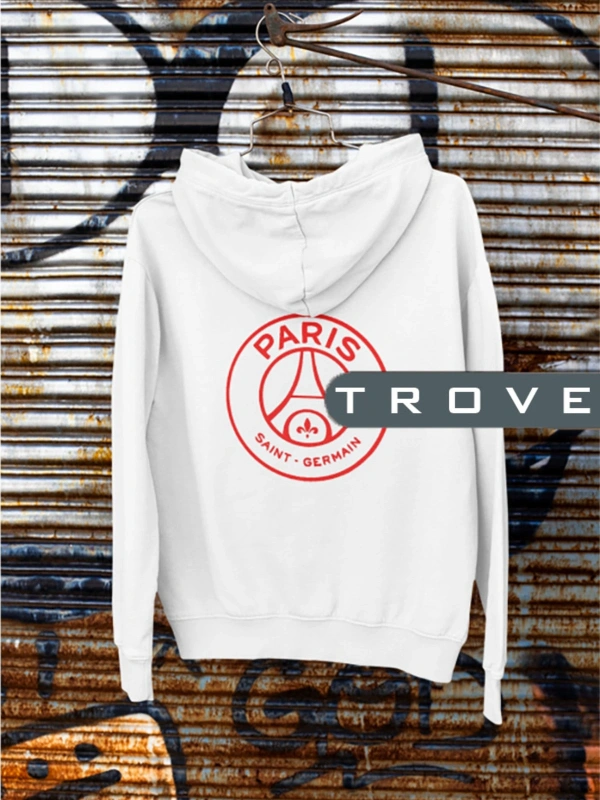 Unısex Kadın Erkek Saint Germaın Ön Arka Baskılı Kapüşonlu %100 Pamuk Sweatshirt Beyaz