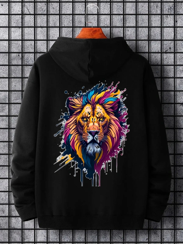 Unisex Kadın/Erkek Siyah Aslan Sırt Baskılı Oversize Kapüşonlu Sweatshirt