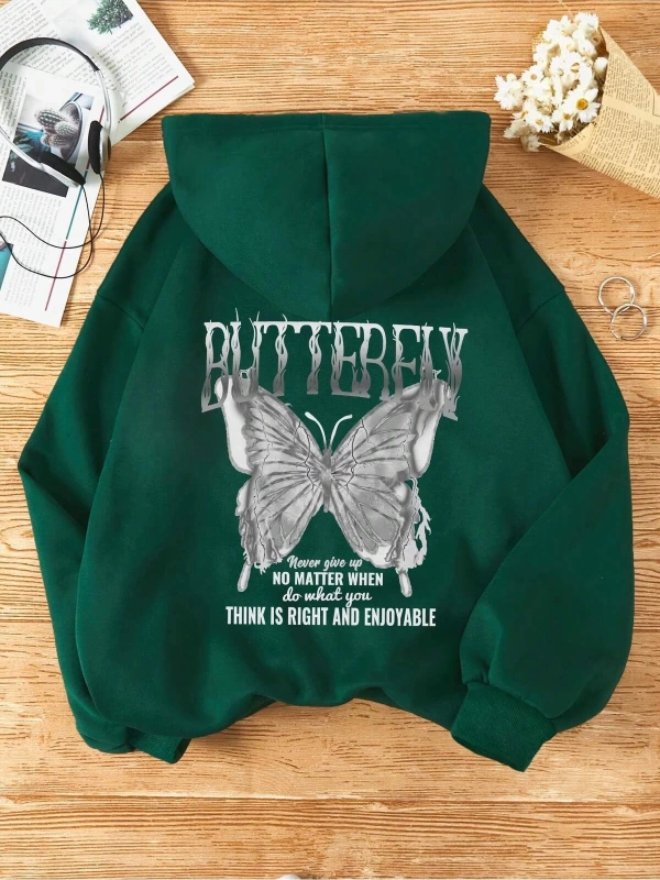 Unisex Kadın/Erkek Slogan ve Kelebek Baskılı Kanguru Cepli Büzgülü Kapüşonlu Üst