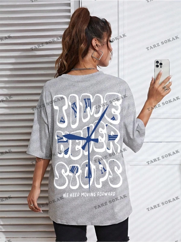 Unisex Kadın/Erkek Time Never Stops Renkli Özel Baskılı Oversize Pamuk Penye