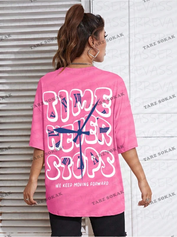 Unisex Kadın/Erkek Time Never Stops Renkli Özel Baskılı Oversize Pamuk Penye