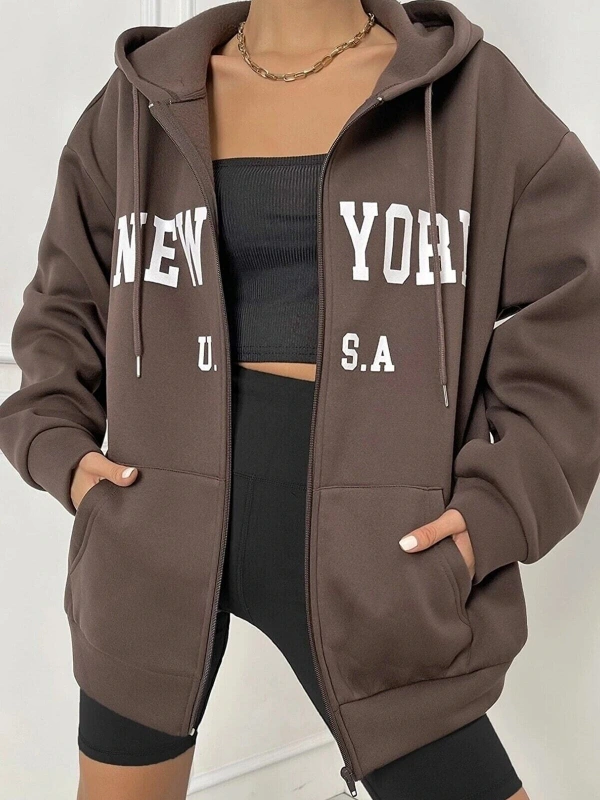 Unisex Kahverengi Newyork Baskılı Oversize Hırka newyork2022 Kahverengi