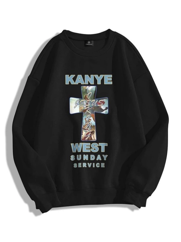 Unisex Kanye Sunday Service Bisiklet Yaka Sweatshirt Siyah