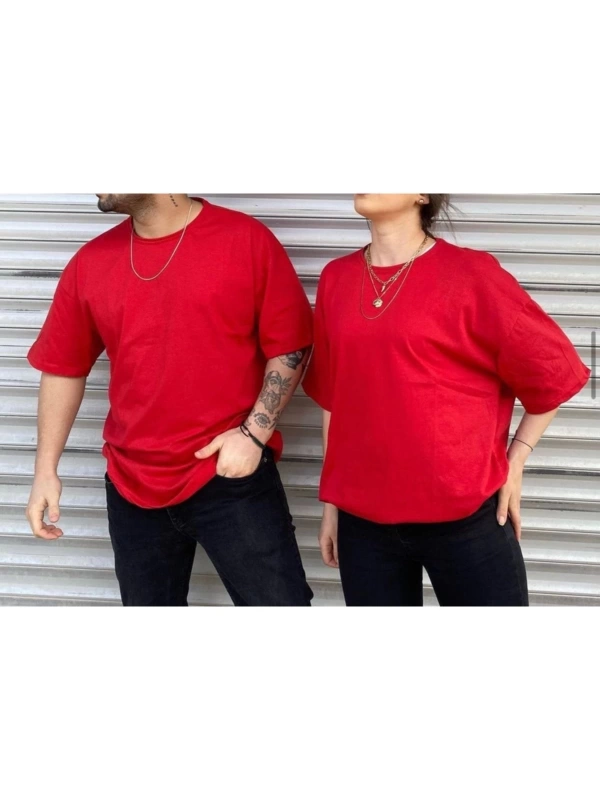 Unisex Kırmızı Bisiklet Yaka Sevgili Kombin 2 Li Paket Tshirt