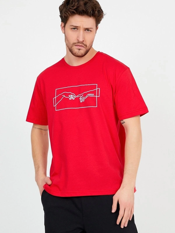 Unisex Kırmızı Önü Ademin Yaratılışı Baskılı Bol Kesim Oversize Pamuklu Tshirt