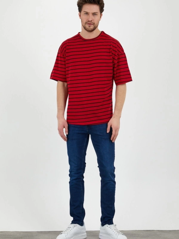 Unisex Kırmızı Siyah Çizgili Oversize Tshirt